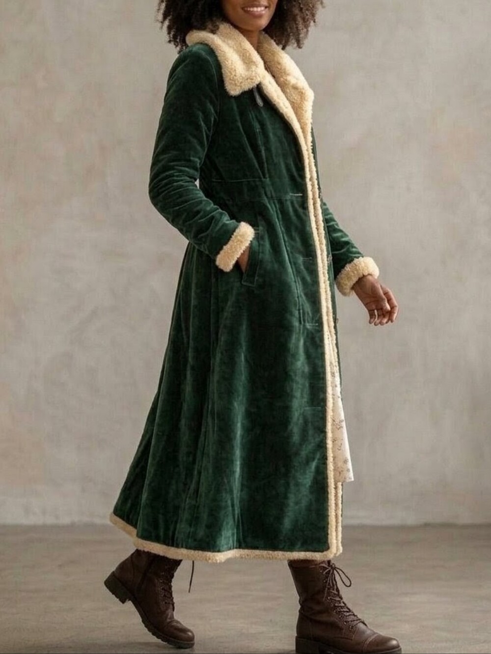 NWT Emerald Green Velvet Maxi Trench Coat Cream Sherpa Faux Fur Trim Belted - S